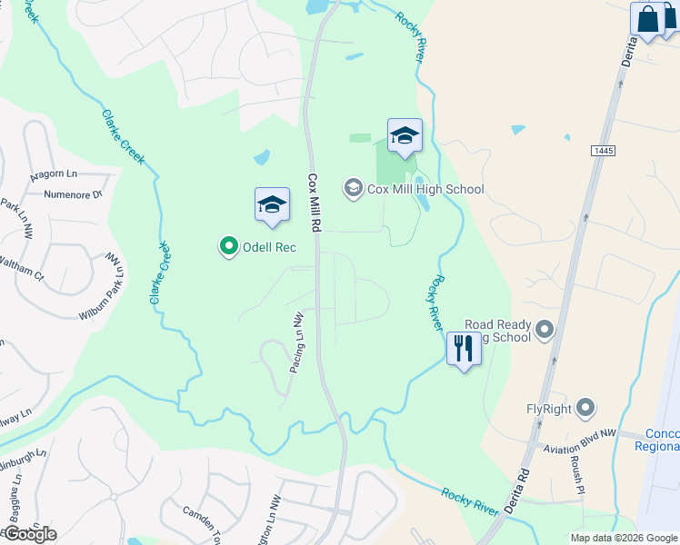 map of restaurants, bars, coffee shops, grocery stores, and more near 9580 Pressley Drive Northwest in Concord