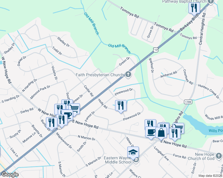 map of restaurants, bars, coffee shops, grocery stores, and more near 2003-2011 U.S. 13 in Goldsboro