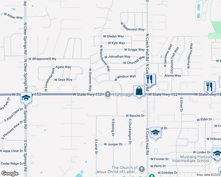 map of restaurants, bars, coffee shops, grocery stores, and more near 1113 West State Highway 152 in Mustang