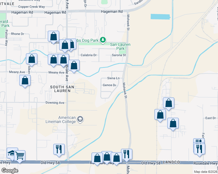 map of restaurants, bars, coffee shops, grocery stores, and more near 5913 Genoa Drive in Bakersfield