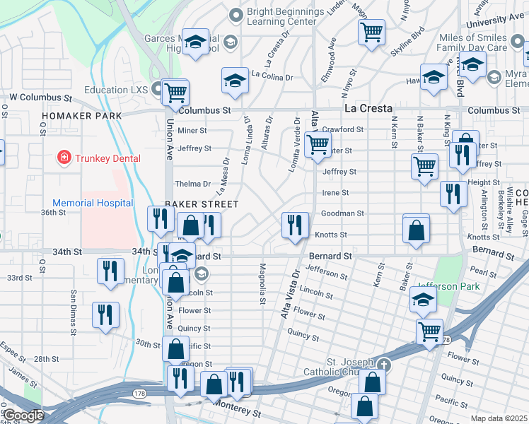 map of restaurants, bars, coffee shops, grocery stores, and more near 2204 Thelma Drive in Bakersfield