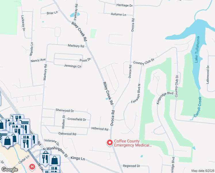 map of restaurants, bars, coffee shops, grocery stores, and more near 57 Daffodil Drive in Tullahoma