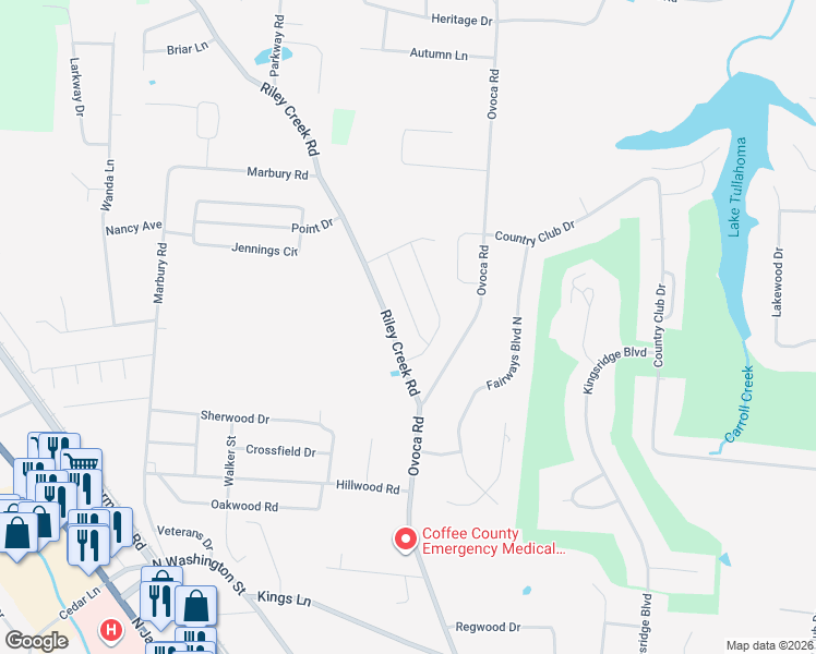 map of restaurants, bars, coffee shops, grocery stores, and more near 57 Daffodil Drive in Tullahoma