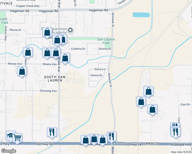 map of restaurants, bars, coffee shops, grocery stores, and more near 5921 Genoa Drive in Bakersfield