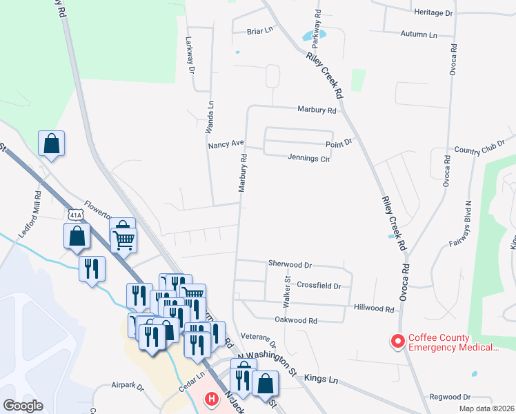 map of restaurants, bars, coffee shops, grocery stores, and more near 420 Marbury Road in Tullahoma