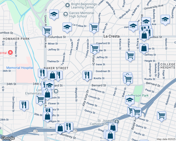 map of restaurants, bars, coffee shops, grocery stores, and more near 250 Goodman Street in Bakersfield