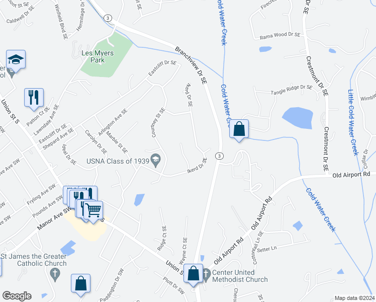 map of restaurants, bars, coffee shops, grocery stores, and more near 805 Towncreek Place Southeast in Concord