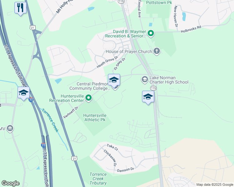 map of restaurants, bars, coffee shops, grocery stores, and more near 11930 Verhoeff Drive in Huntersville