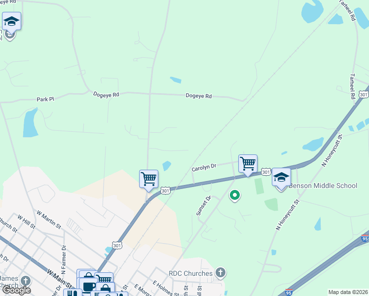 map of restaurants, bars, coffee shops, grocery stores, and more near 111 Oak Park Dr in Benson