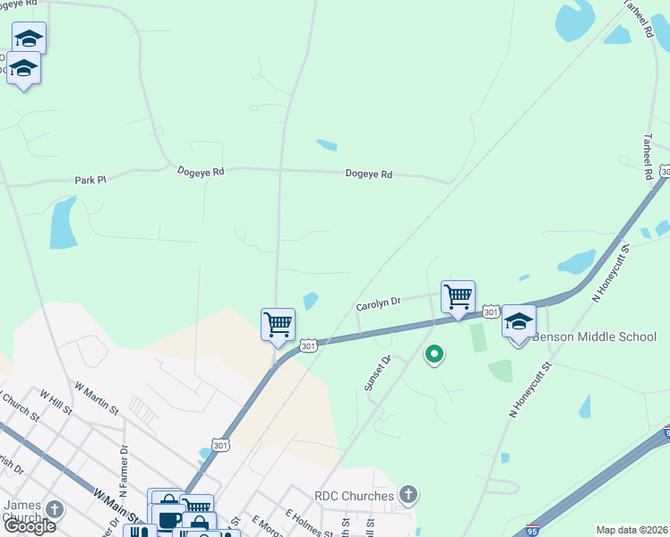 map of restaurants, bars, coffee shops, grocery stores, and more near 111 Oak Park Drive in Benson