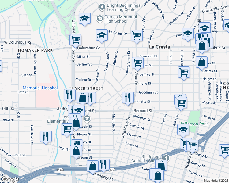 map of restaurants, bars, coffee shops, grocery stores, and more near 2204 Thelma Drive in Bakersfield