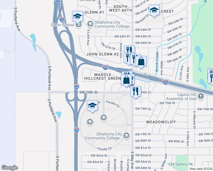 map of restaurants, bars, coffee shops, grocery stores, and more near 7405 South Drexel Place in Oklahoma City
