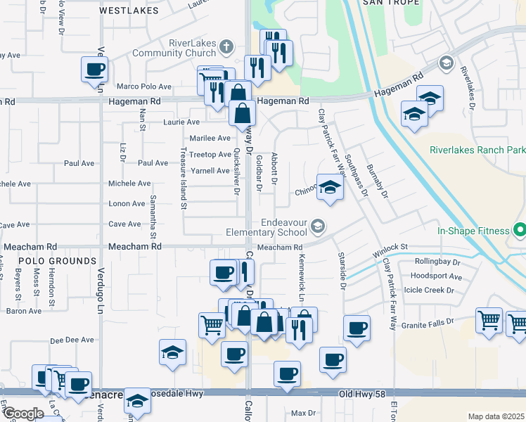map of restaurants, bars, coffee shops, grocery stores, and more near 3604 Goldbar Drive in Bakersfield