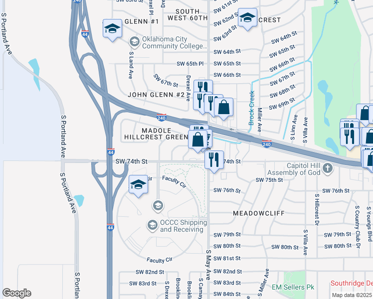 map of restaurants, bars, coffee shops, grocery stores, and more near 7401 Brookline Avenue in Oklahoma City