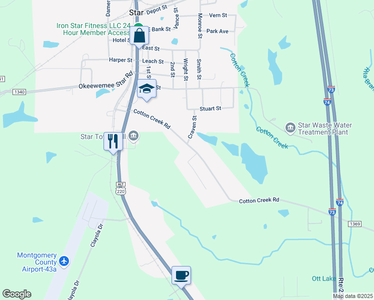 map of restaurants, bars, coffee shops, grocery stores, and more near 257 Cotton Creek Road in Star