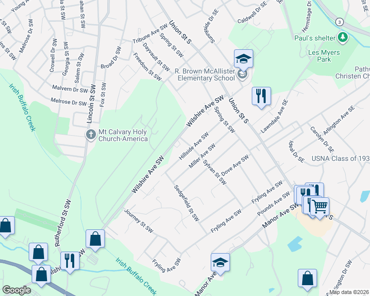 map of restaurants, bars, coffee shops, grocery stores, and more near 146 Hillside Avenue Southwest in Concord