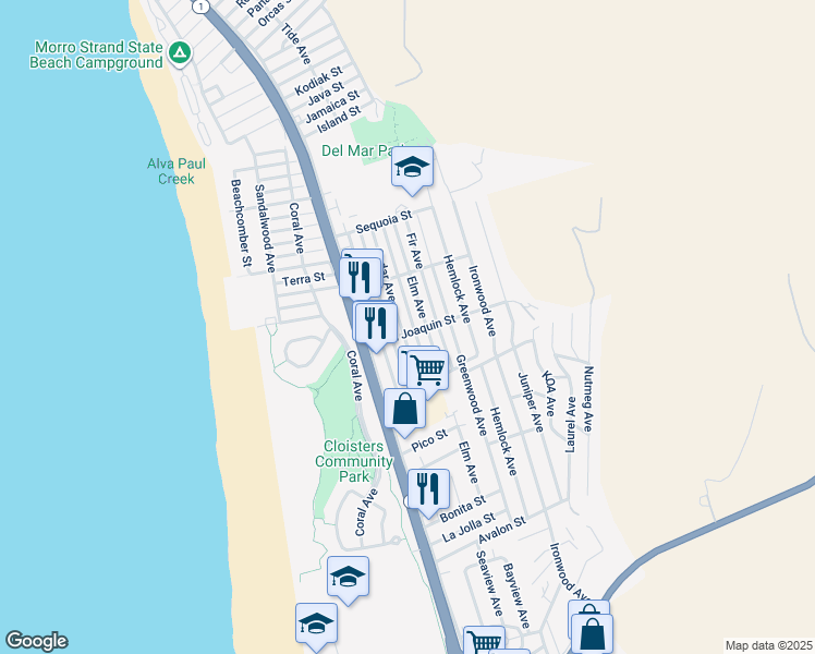 map of restaurants, bars, coffee shops, grocery stores, and more near 397 San Joaquin Street in Morro Bay