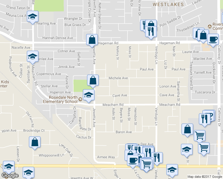 map of restaurants, bars, coffee shops, grocery stores, and more near 3508 Mehgan Avenue in Bakersfield