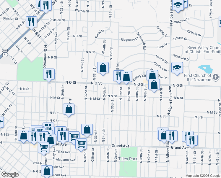 map of restaurants, bars, coffee shops, grocery stores, and more near 1521 North 35th Street in Fort Smith