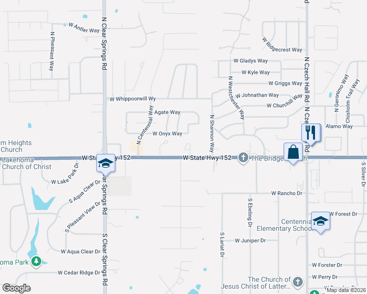 map of restaurants, bars, coffee shops, grocery stores, and more near 161 Bison Court Way in Mustang
