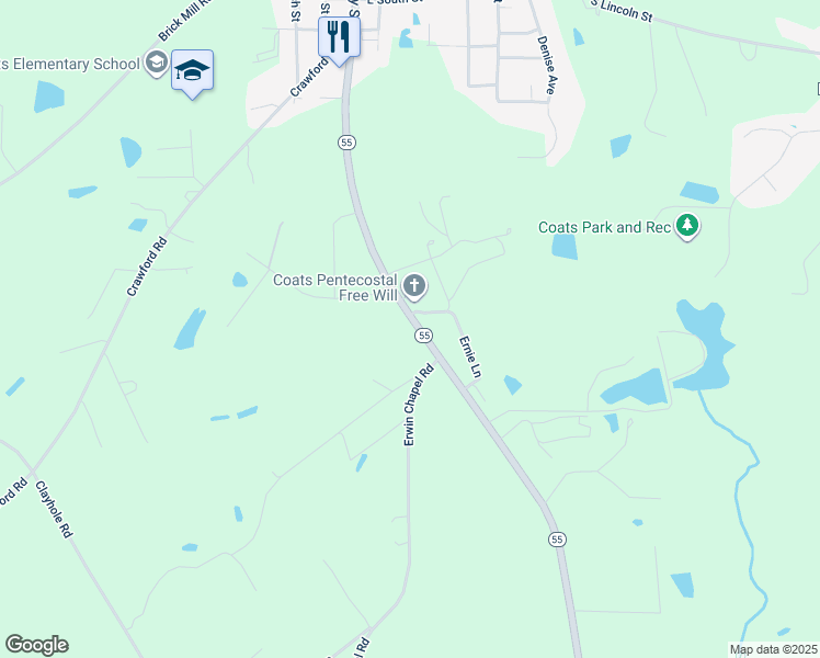 map of restaurants, bars, coffee shops, grocery stores, and more near 1398 North Carolina 55 in Dunn