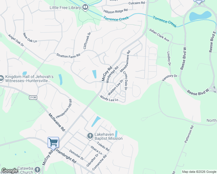 map of restaurants, bars, coffee shops, grocery stores, and more near 12823 Windyedge Road in Huntersville