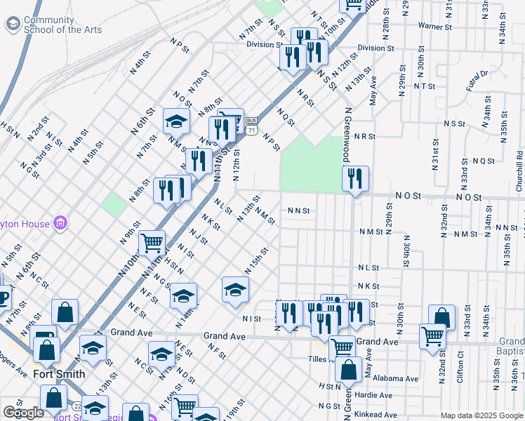 map of restaurants, bars, coffee shops, grocery stores, and more near 1315 North M Street in Fort Smith