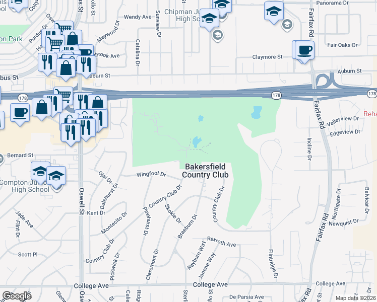 map of restaurants, bars, coffee shops, grocery stores, and more near 4200 Country Club Drive in Bakersfield