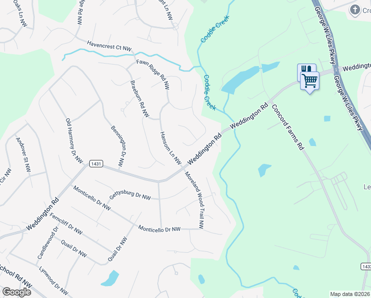 map of restaurants, bars, coffee shops, grocery stores, and more near 1606 Chadmore Lane Northwest in Concord