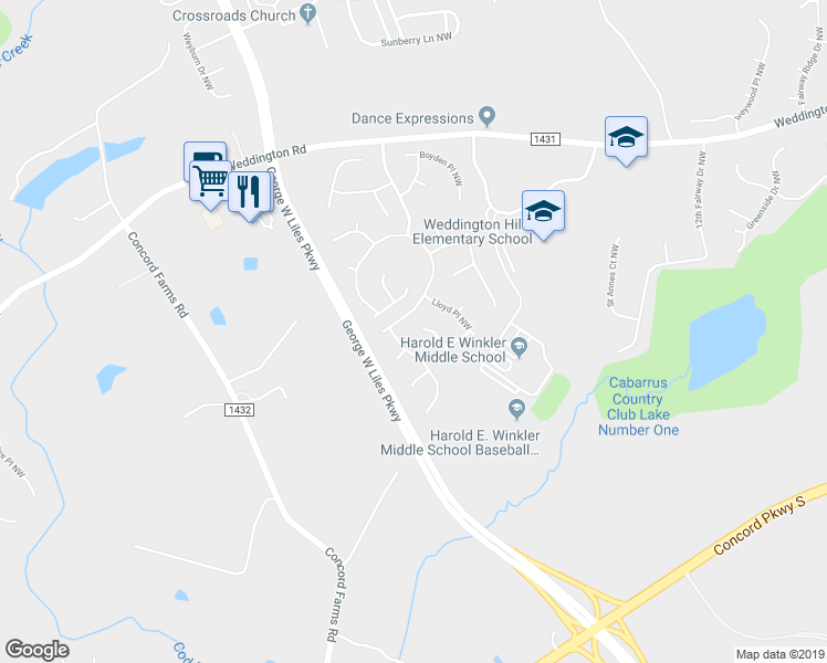 map of restaurants, bars, coffee shops, grocery stores, and more near 1441 Lockhart Place Northwest in Concord