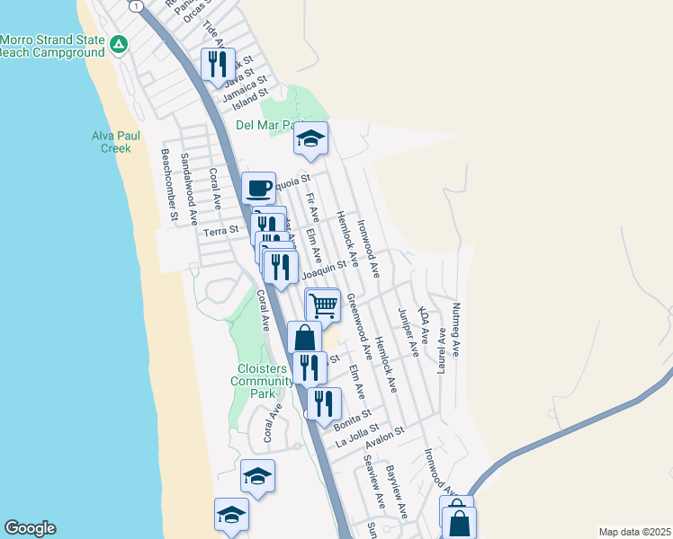 map of restaurants, bars, coffee shops, grocery stores, and more near 2798 Fir Avenue in Morro Bay