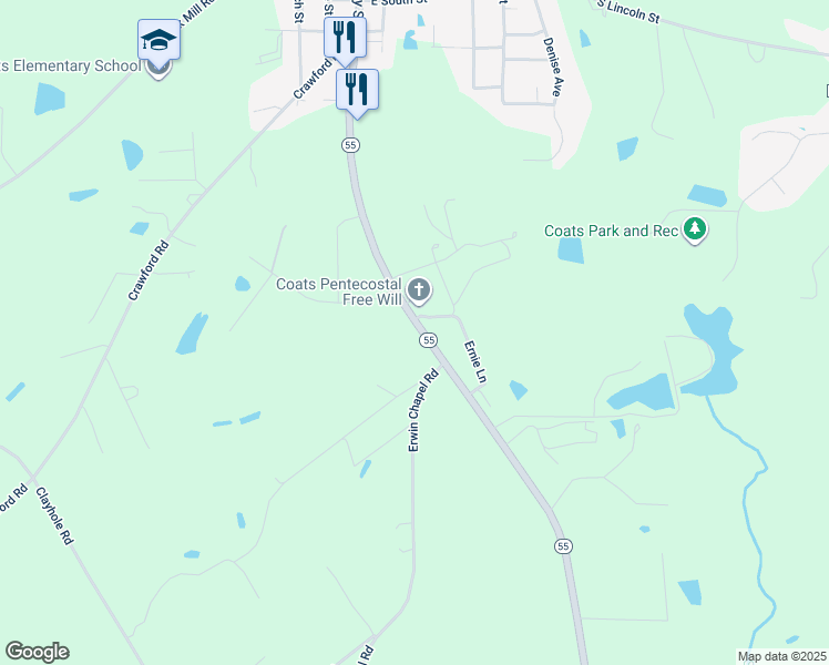 map of restaurants, bars, coffee shops, grocery stores, and more near 1398 North Carolina 55 in Dunn