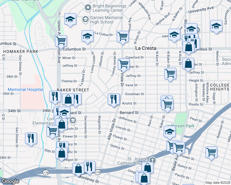 map of restaurants, bars, coffee shops, grocery stores, and more near 258 Goodman Street in Bakersfield