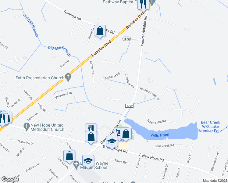 map of restaurants, bars, coffee shops, grocery stores, and more near 312 Balsam Place in Goldsboro