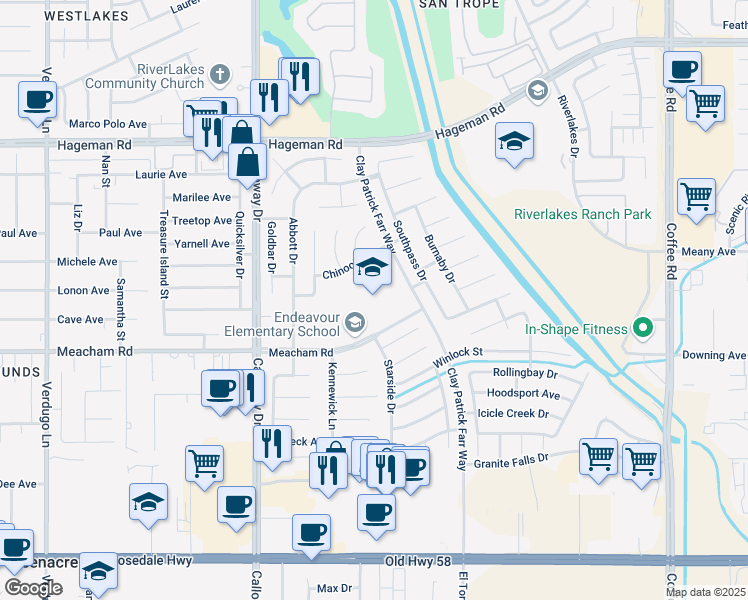 map of restaurants, bars, coffee shops, grocery stores, and more near 9300 Meacham Road in Bakersfield