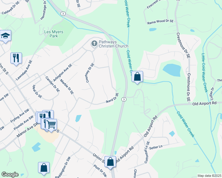 map of restaurants, bars, coffee shops, grocery stores, and more near 261 Ikerd Drive Southeast in Concord