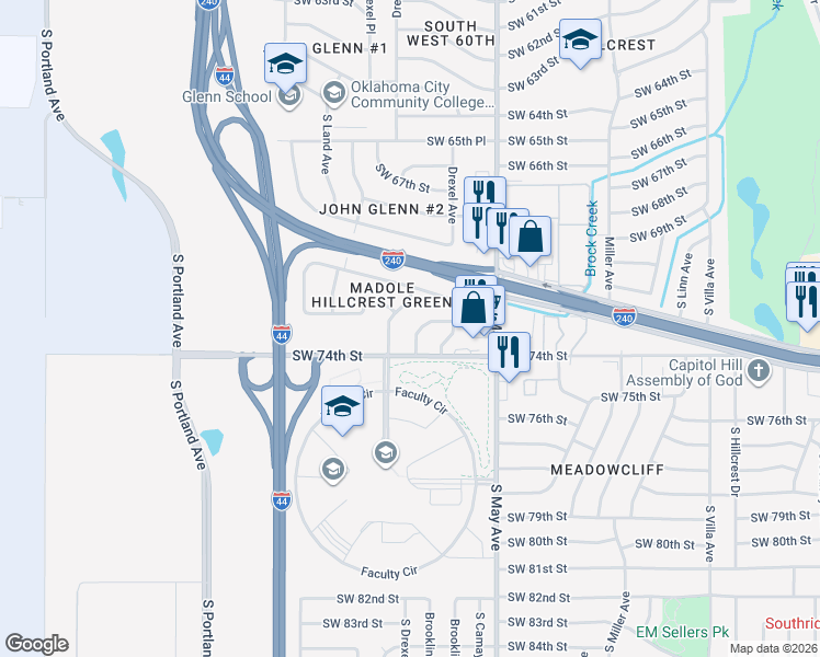 map of restaurants, bars, coffee shops, grocery stores, and more near 7405 South Drexel Place in Oklahoma City