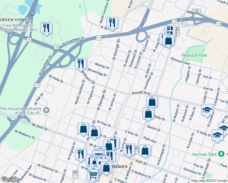 map of restaurants, bars, coffee shops, grocery stores, and more near 202 West Grantham Street in Goldsboro