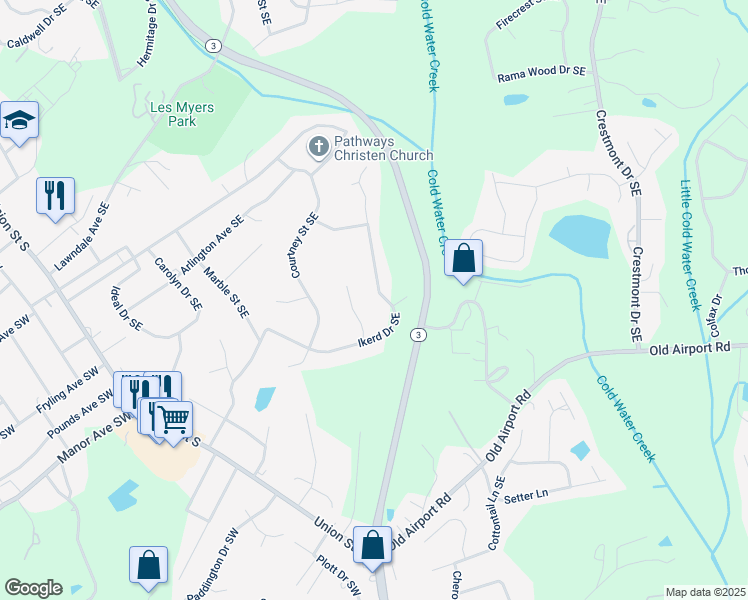 map of restaurants, bars, coffee shops, grocery stores, and more near 261 Ikerd Drive Southeast in Concord