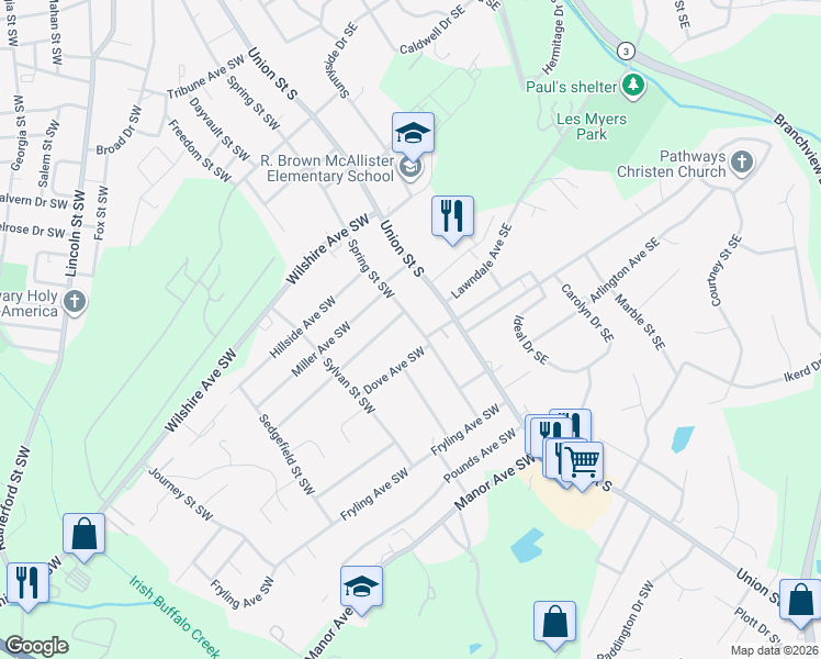 map of restaurants, bars, coffee shops, grocery stores, and more near 652 Spring Street Southwest in Concord