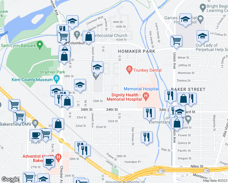 map of restaurants, bars, coffee shops, grocery stores, and more near 39 36th Street in Bakersfield