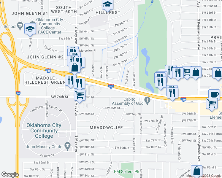 map of restaurants, bars, coffee shops, grocery stores, and more near 2542 West Interstate 240 Service Road in Oklahoma City