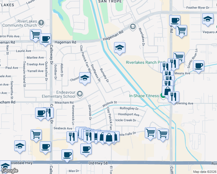 map of restaurants, bars, coffee shops, grocery stores, and more near 3511 Burnaby Drive in Bakersfield