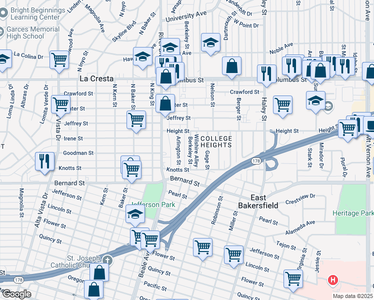 map of restaurants, bars, coffee shops, grocery stores, and more near 2227 Berkeley St in Bakersfield
