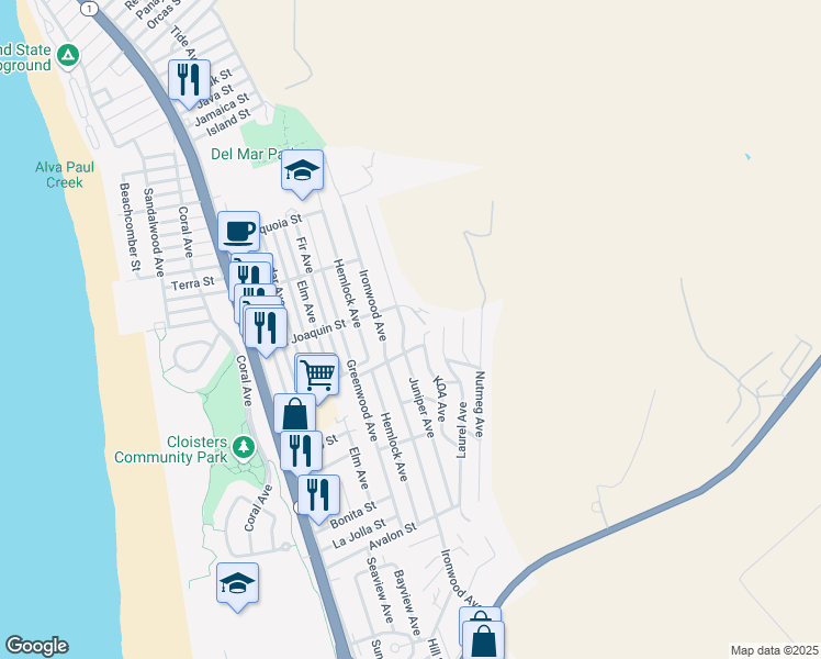 map of restaurants, bars, coffee shops, grocery stores, and more near 2760 Juniper Avenue in Morro Bay