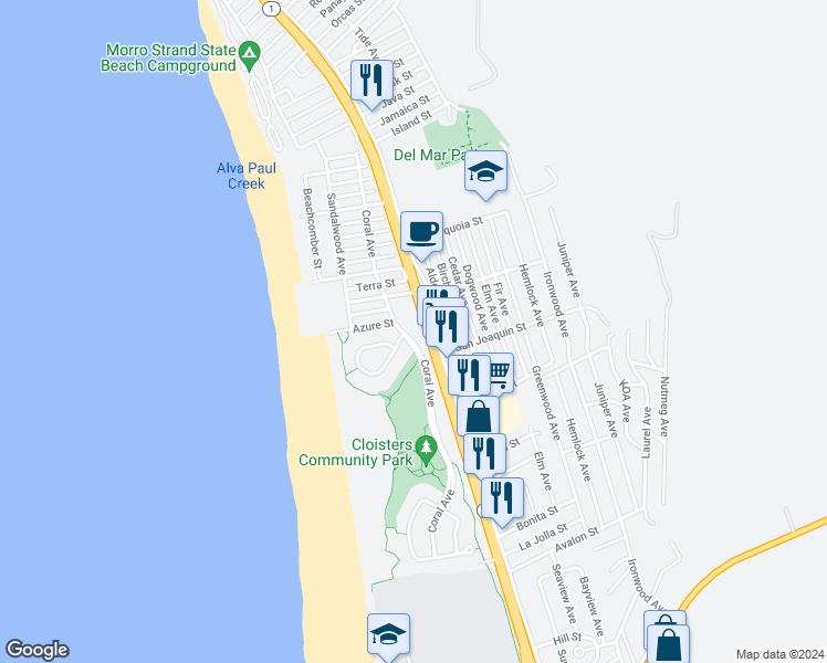 map of restaurants, bars, coffee shops, grocery stores, and more near 2783 Coral Avenue in Morro Bay
