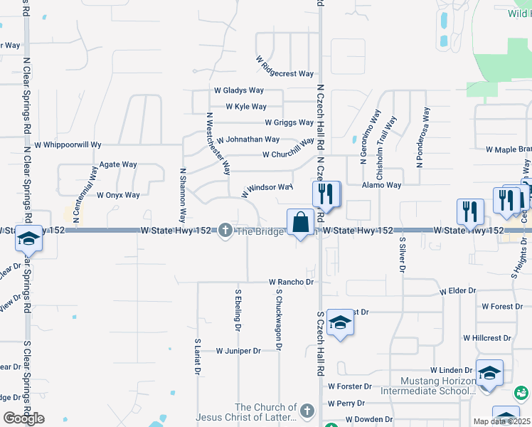 map of restaurants, bars, coffee shops, grocery stores, and more near 1017 West State Highway 152 in Mustang
