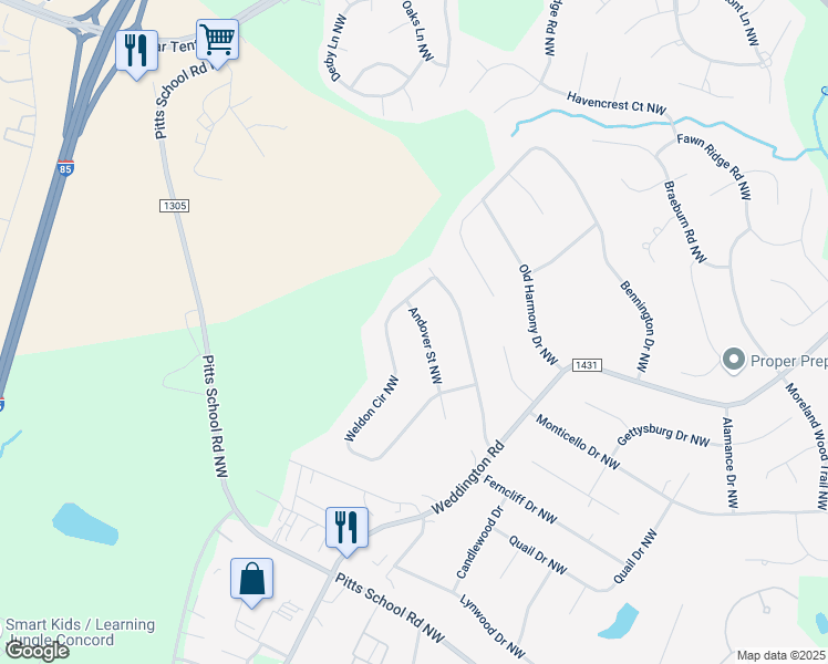map of restaurants, bars, coffee shops, grocery stores, and more near 1600 Andover St NW in Concord