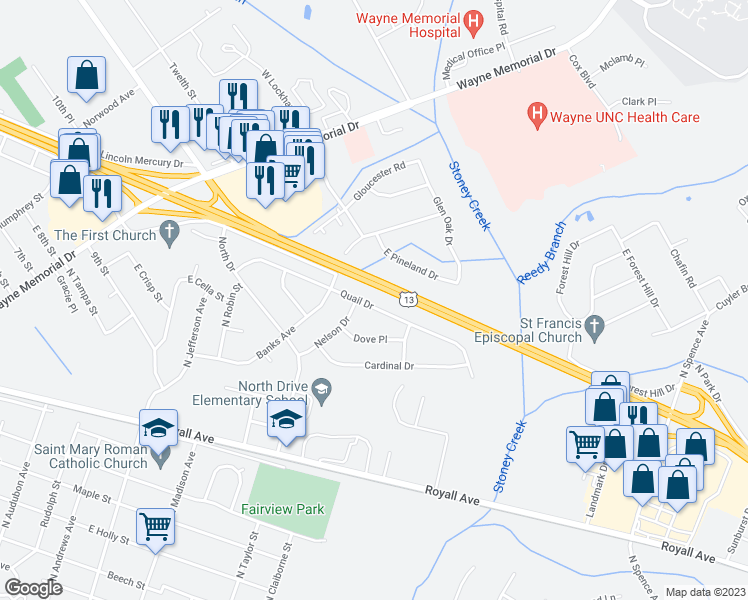 map of restaurants, bars, coffee shops, grocery stores, and more near 405 Quail Drive in Goldsboro
