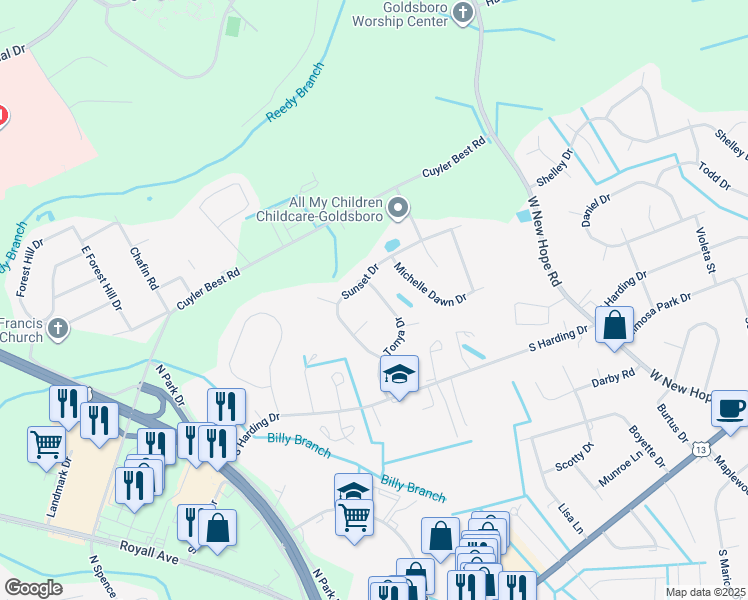map of restaurants, bars, coffee shops, grocery stores, and more near 306 Tonya Drive in Goldsboro
